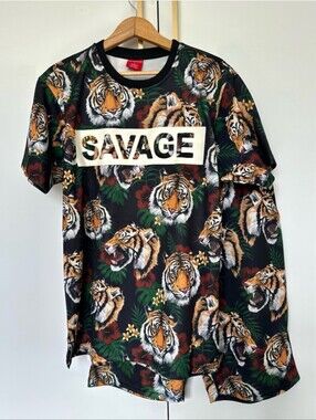 VICTORIOUS Men's L Tiger Botanical Floral SAVAGE 2-Piece T-Shirt & Shorts Set